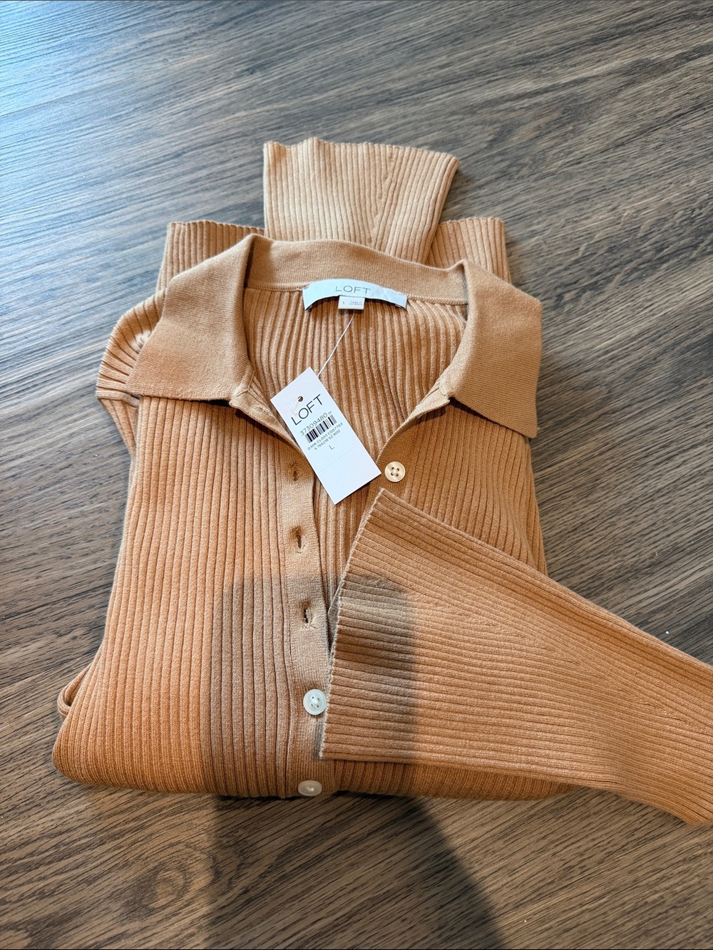 LOFT Camel Ribbed Button-Up Polo Cardigan
